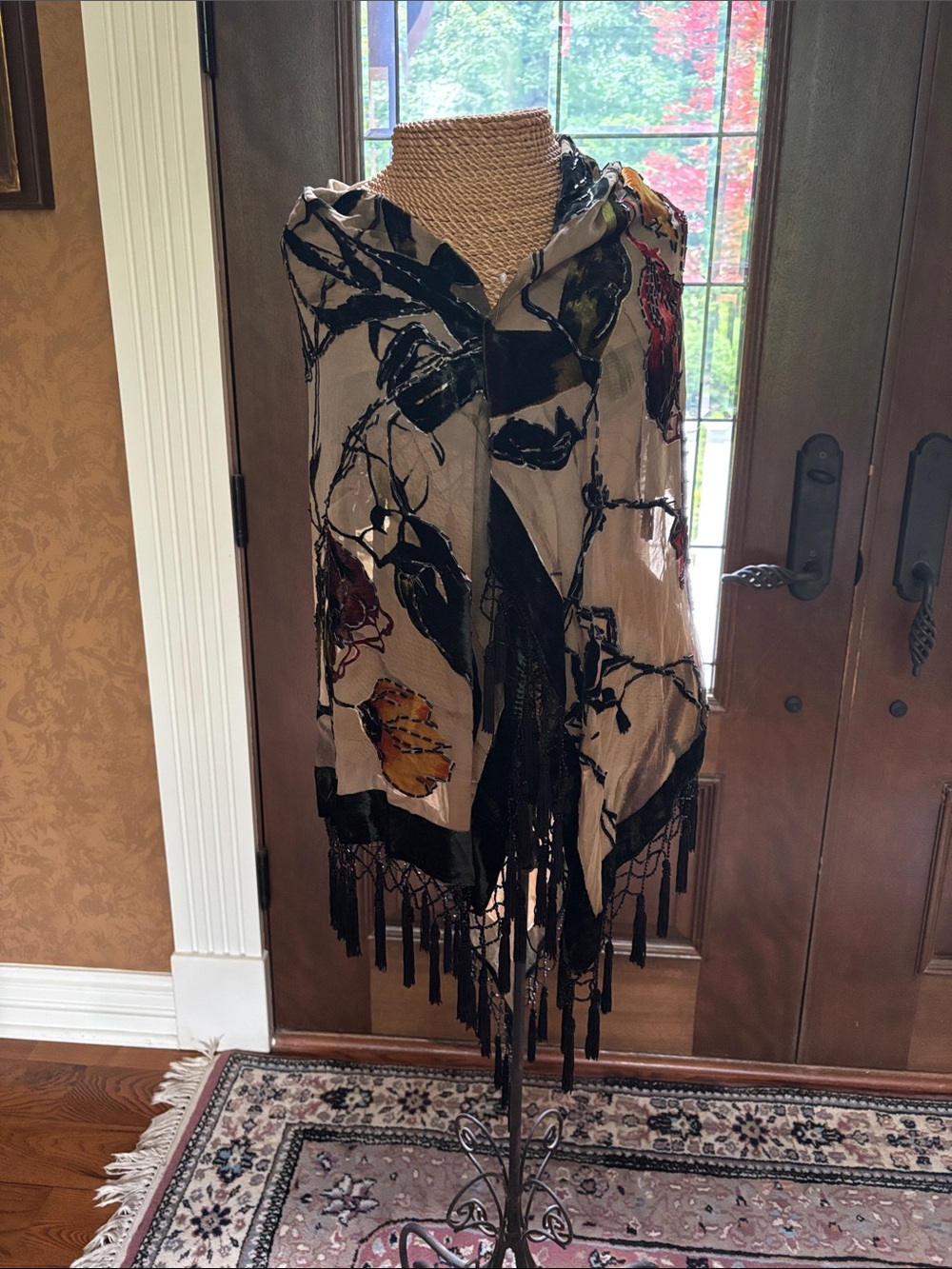 Vintage silk and velvet beaded scarf